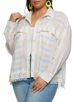Plus Size Printed Frayed Hem Button Front Shirt