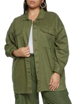 Plus Size Twill Button Front Shacket