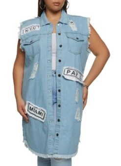 Plus Size Frayed World Tour Patch Denim Vest