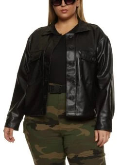 Plus Size Faux Leather Button Front Shacket