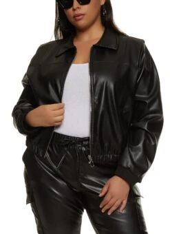 Plus Size Faux Leather Zip Front Jacket