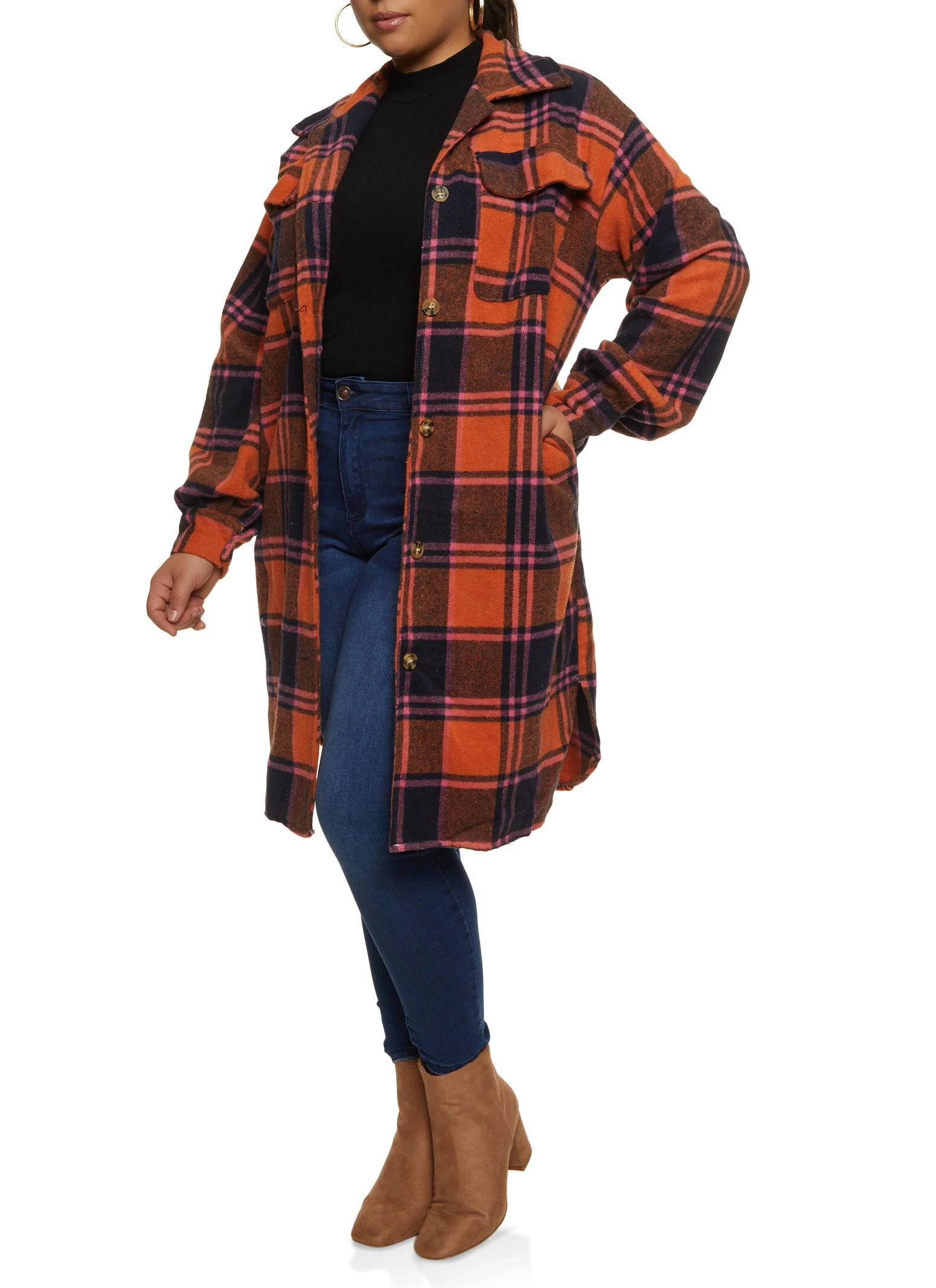 Plus Size Brushed Knit Plaid Longline Shacket