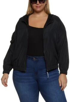 Plus Size Zip Front Windbreaker Jacket