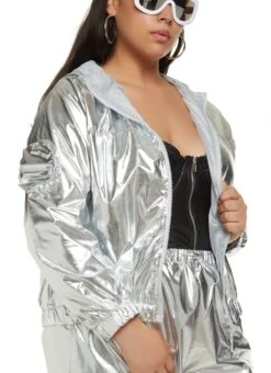 Plus Size Metallic Foiled Hooded Windbreaker Jacket