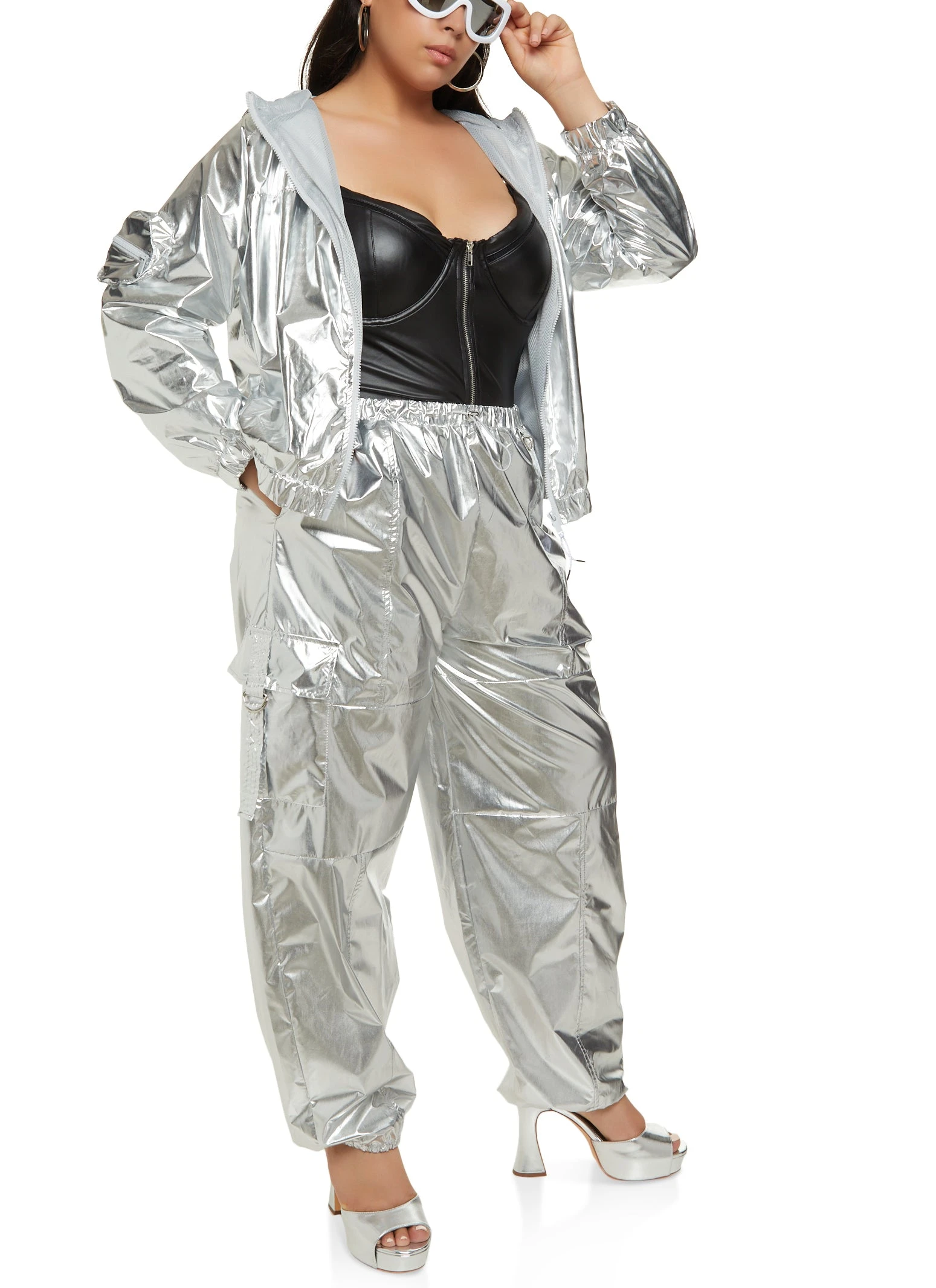 Plus Size Metallic Foiled Hooded Windbreaker Jacket - Image 2