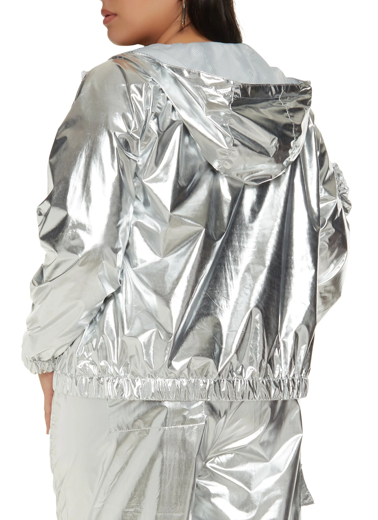 Plus Size Metallic Foiled Hooded Windbreaker Jacket - Image 3