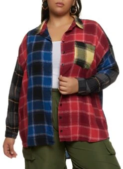 Plus Size Mixed Plaid Flannel Shirt