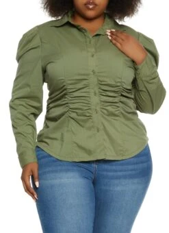 Plus Size Puff Sleeve Ruched Button Down Shirt