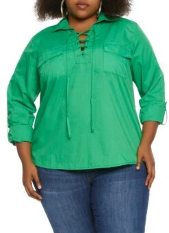 Plus Size Lace Up Collar Tabbed Shirt