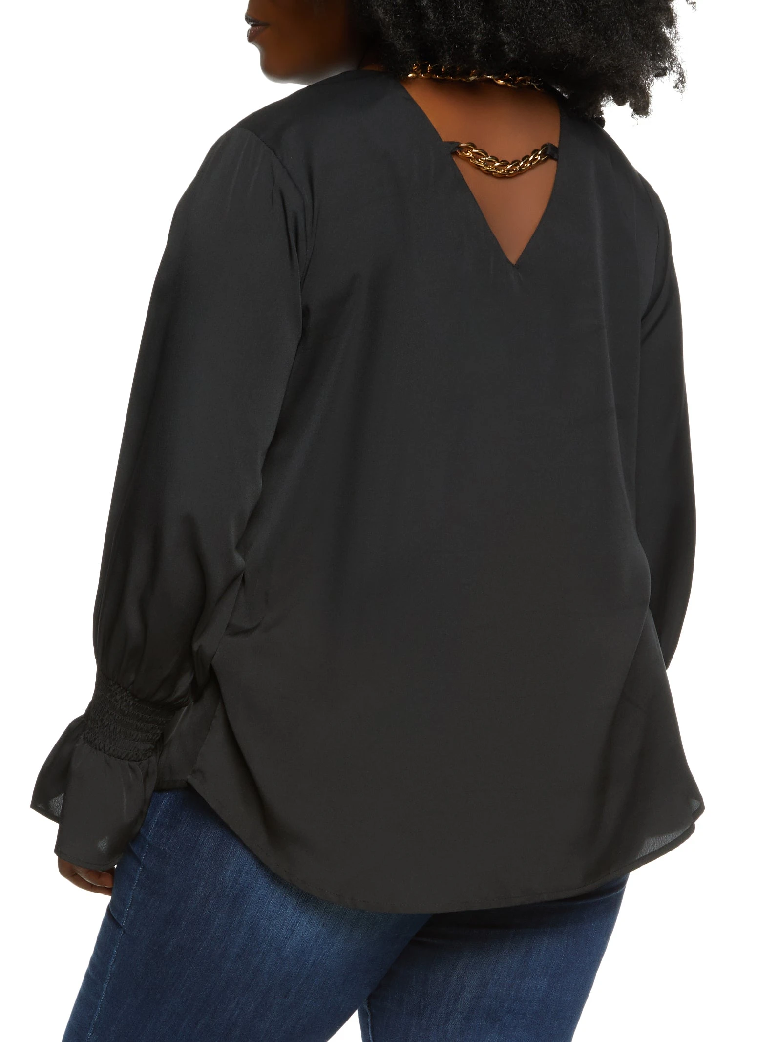 Plus Size Caged Back Chain Detail Long Sleeve Blouse - Image 2