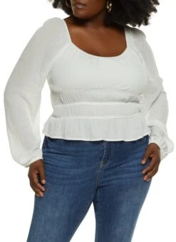 Ambiance Plus Size Solid Smocked Peasant Top