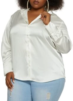 Ambiance Plus Size Satin Solid Button Down Shirt