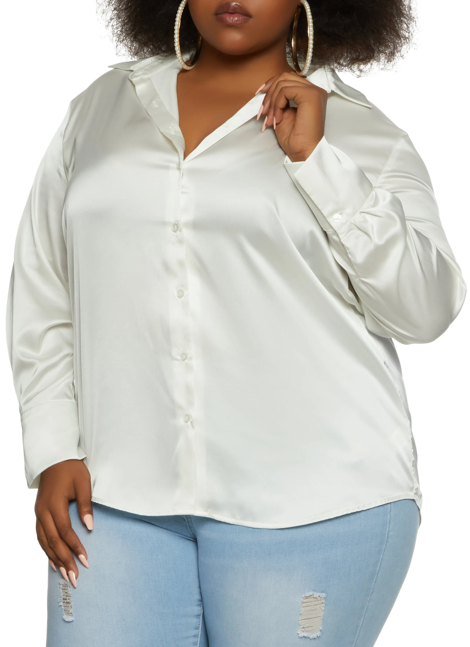 Ambiance Plus Size Satin Solid Button Down Shirt