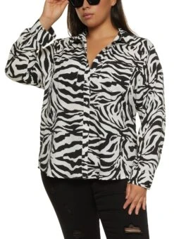 Plus Size Zebra Print Button Front Shirt