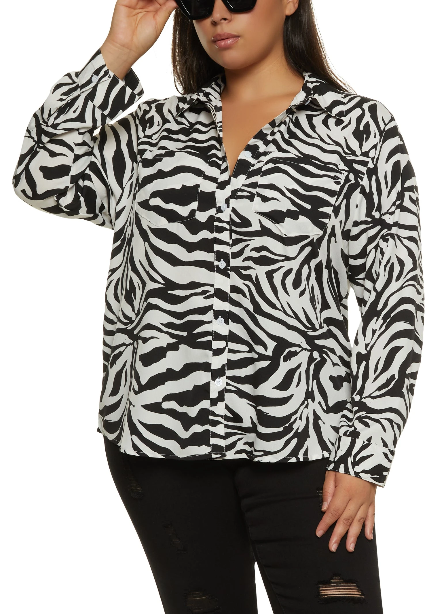 Plus Size Zebra Print Button Front Shirt