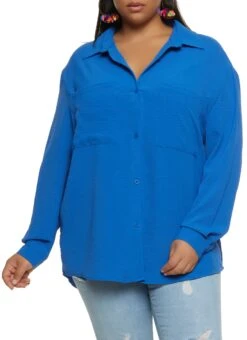 Plus Size Airy Pocket Button Front Shirt