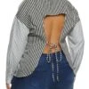 Plus Size Striped Open Back Button Front Top