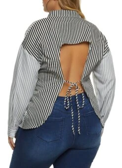 Plus Size Striped Open Back Button Front Top