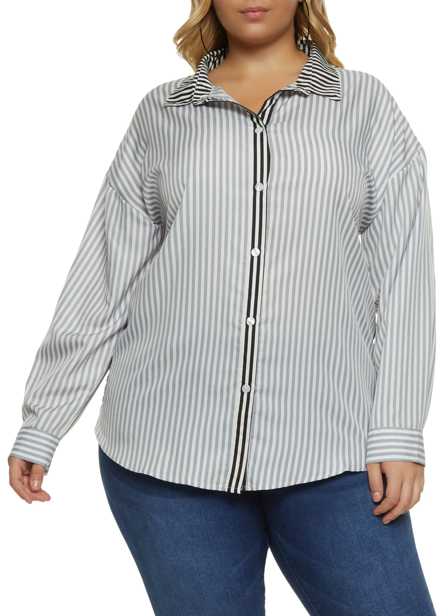 Plus Size Striped Open Back Button Front Top - Image 2
