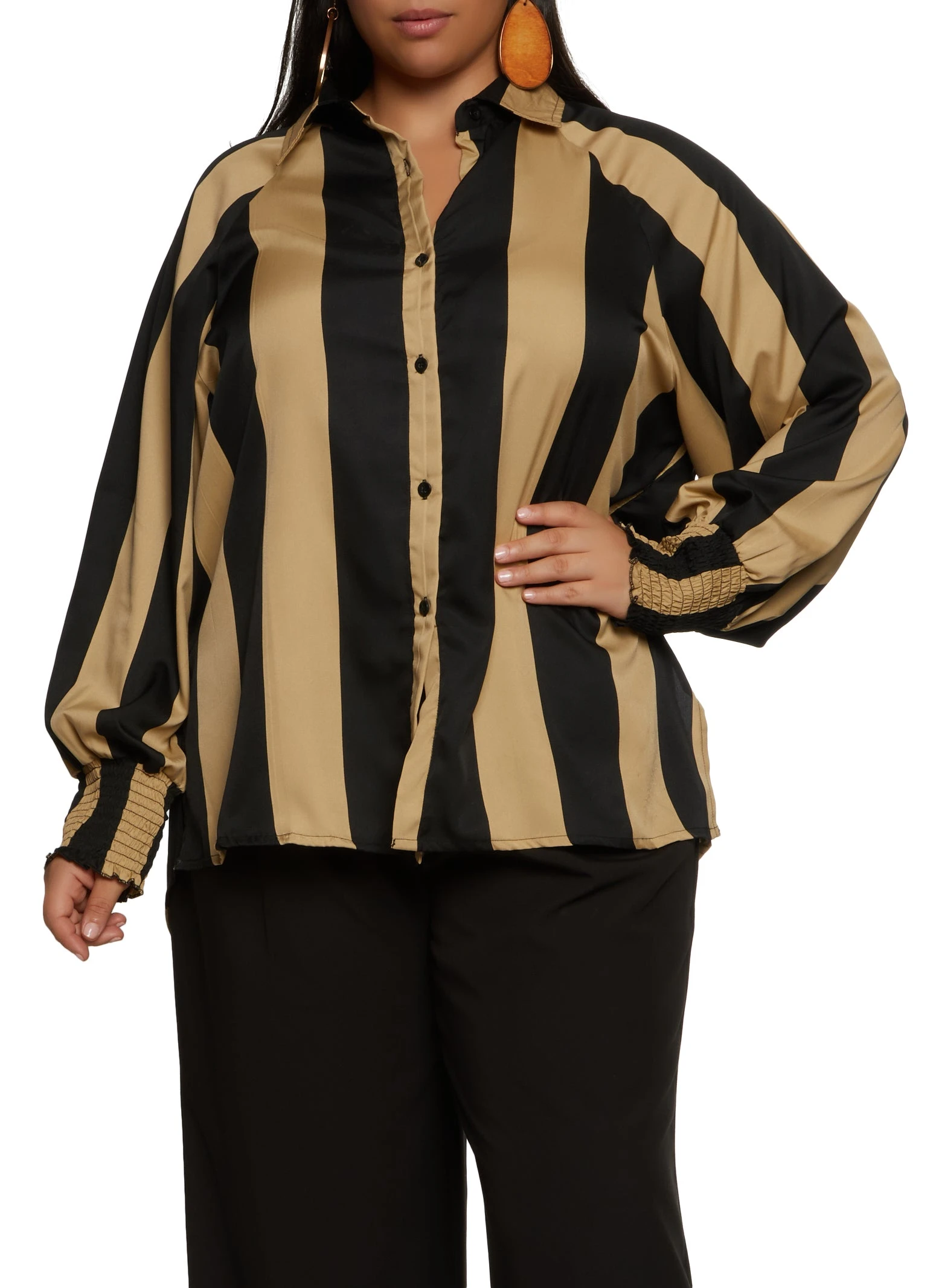 Plus Size Striped Smocked Cuff Button Front Blouse
