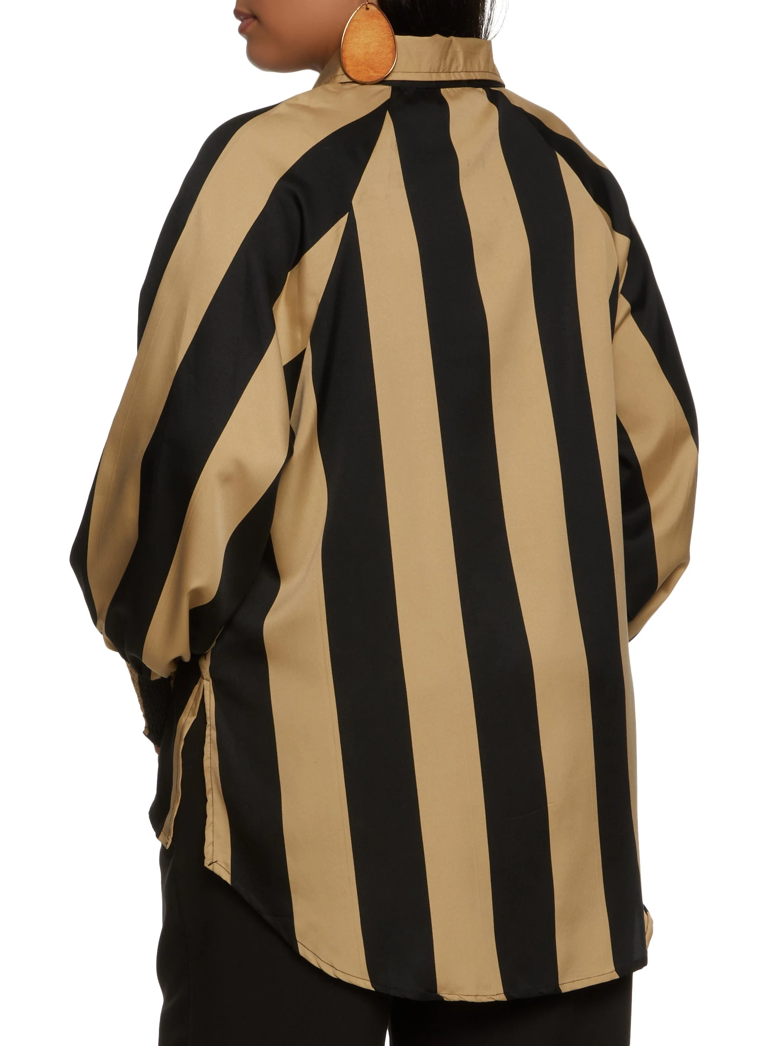 Plus Size Striped Smocked Cuff Button Front Blouse - Image 2