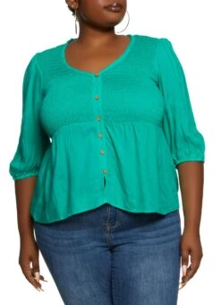 Plus Size Smocked Button Detail Top