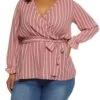 Plus Size Striped Tie Waist Belted Wrap Top