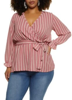 Plus Size Striped Tie Waist Belted Wrap Top