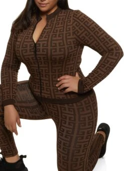Plus Size Compression Rib Seamless Greek Key Track Jacket