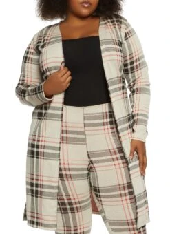Plus Size Plaid Long Sleeve Duster