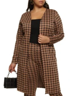 Plus Size Houndstooth Print Duster