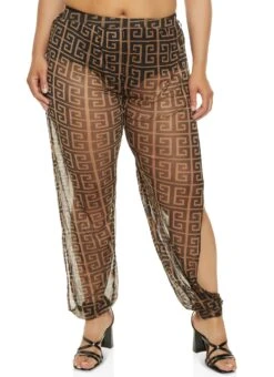Plus Size Mesh Greek Key Side Slit Pants