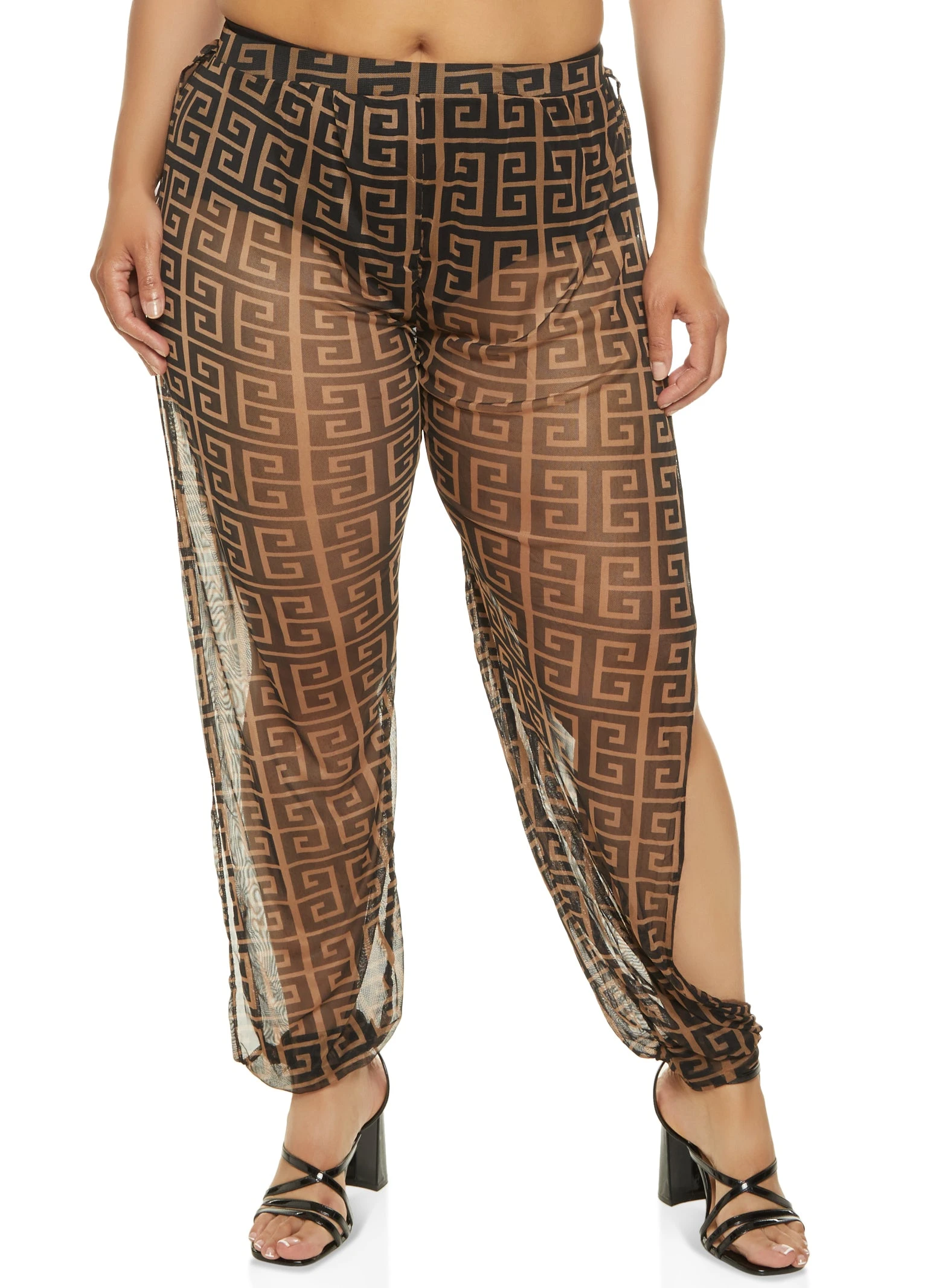 Plus Size Mesh Greek Key Side Slit Pants
