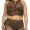 Plus Size Mesh Greek Key Keyhole Crop Top
