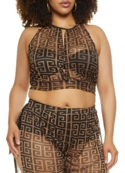 Plus Size Mesh Greek Key Keyhole Crop Top