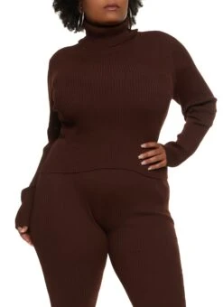 Plus Size Solid Ribbed Turtleneck Sweater