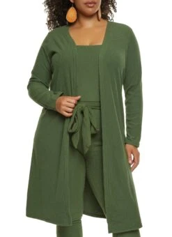 Plus Size Solid Brushed Ribbed Knit Duster