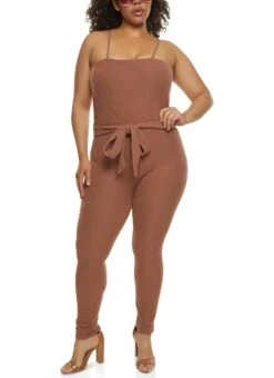 Plus Size Brushed Ribbed Knit Tie Waist Jumpsuit