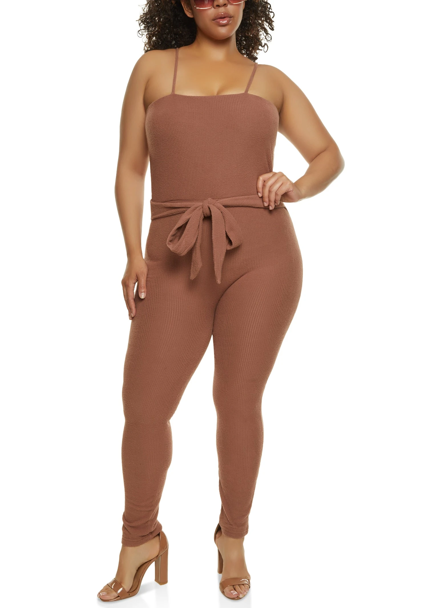 Plus Size Brushed Ribbed Knit Tie Waist Jumpsuit