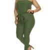 Plus Size Brushed Ribbed Knit Tie Waist Jumpsuit