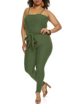 Plus Size Brushed Ribbed Knit Tie Waist Jumpsuit