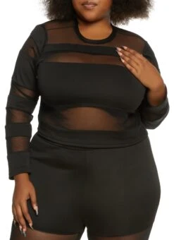 Plus Size Mesh Insert Long Sleeve Top