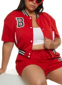 Plus Size Scuba Graphic Varsity Jacket