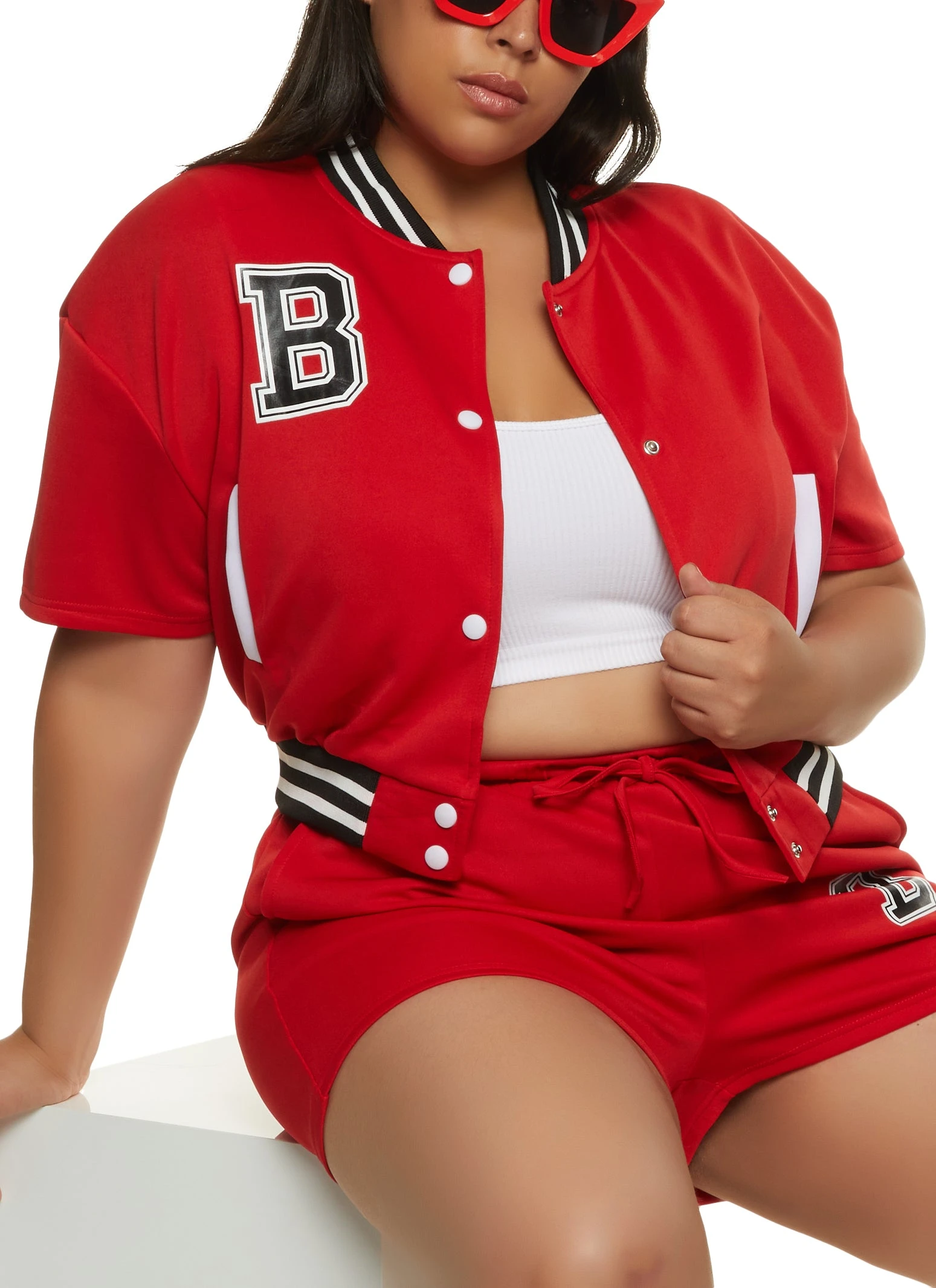 Plus Size Scuba Graphic Varsity Jacket
