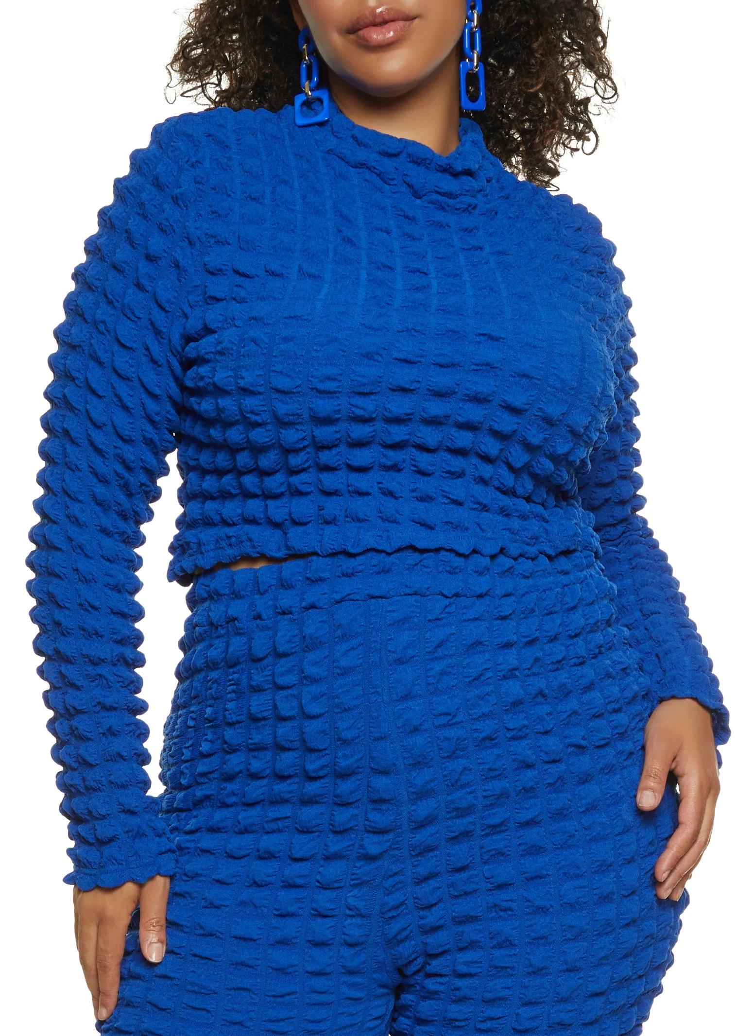 Plus Size Bubble Knit Long Sleeve Crop Top