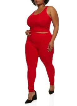 Plus Size Geo Knit Tank Top And Leggings Set