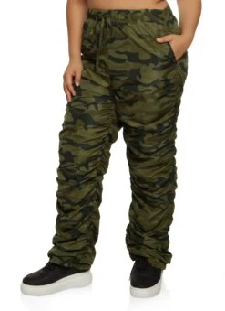 Plus Size Camo Drawstring Stacked Pants
