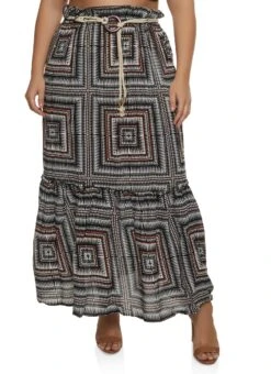 Plus Size Printed Rope Belted Maxi Skirt