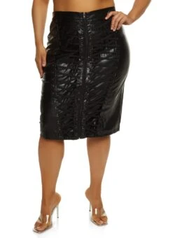 Plus Size Faux Leather Lace Up Midi Skirt