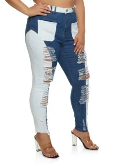Plus Size Two Tone Distressed Raw Hem Jeans